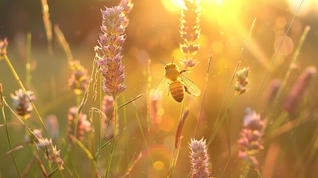 れる草のなかで ミツバチが微妙な花の上に浮かびます その虹色の翼は 暖かい日光で輝いています