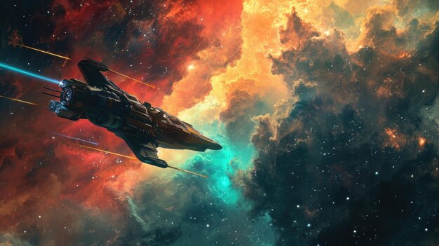 Amidst the swirling colors of a nebula a fierce bounty hunter and their loyal space hound race