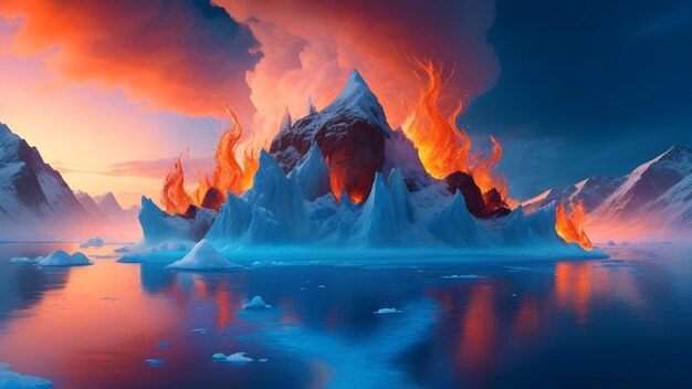 사진 얼어붙은 야생의 한가운데 불꽃은 빙산 위에서 춤을 추며 매혹적인 불꽃의 장면을 만니다.