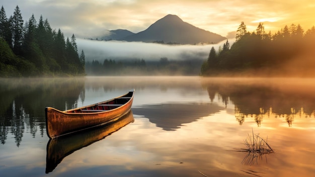 写真 朝の静けさの中で 孤独なカヤックが 湖のガラスの表面に 静かで静かな自然の瞬間を 提供しています