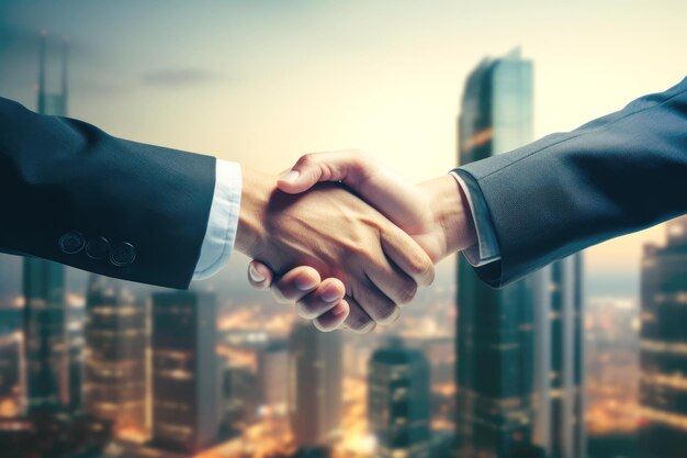 写真 そびえ立つ超高層ビルの中で、商取引の世界での勝利と成功を象徴する固い握手でビジネス契約が締結されます。