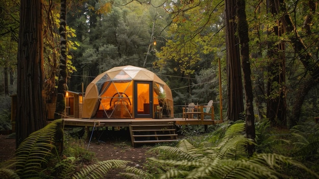 Amidst towering trees and vibrant foliage a geodesic dome promises a night of tranquil slumber