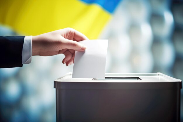 Amidst the ukrainian flag a man's hand places a ballot into the box