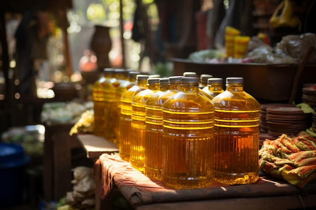 Amidst the vibrant street market vendors showcase vegetable oil for sale