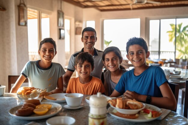 Photo amily morning delight enjoying breakfast together in a sunlit kitchen