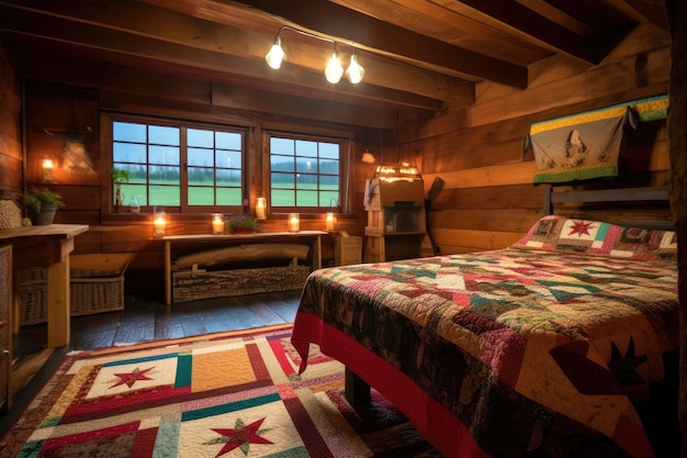 Amish cabin with handcrafted furniture warm lanterns quilts created with generative ai