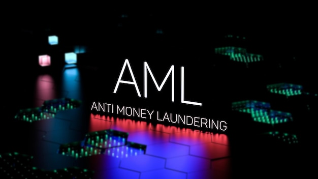 AML Anti Money Laundering text acronym neon on digital background AML concept banner 3D render