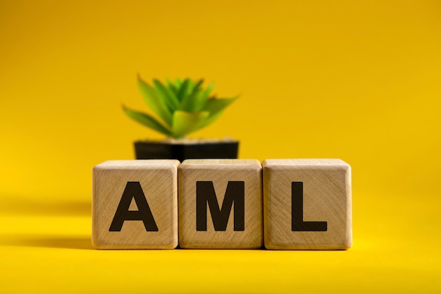 AML text on wooden cubes on a surface and a black pot with a flower