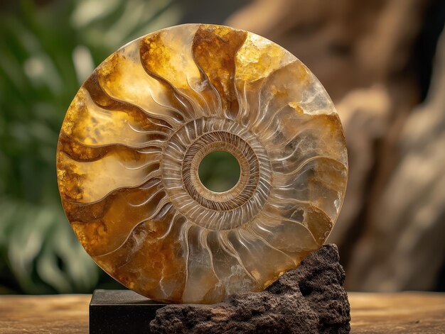 ammonite fossil with intricate spiral shell displayed in a protective case