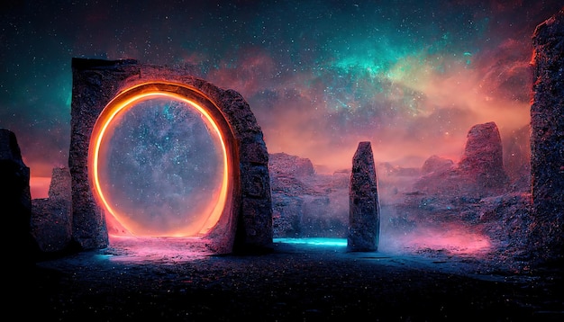 Photo among the rocks under the starry sky there is a portal to another world 3d illustration