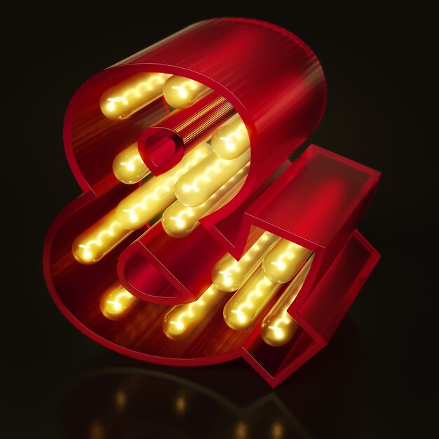 Photo ampersand symbol illuminated with light bulbs, retro glowing font. 3d render