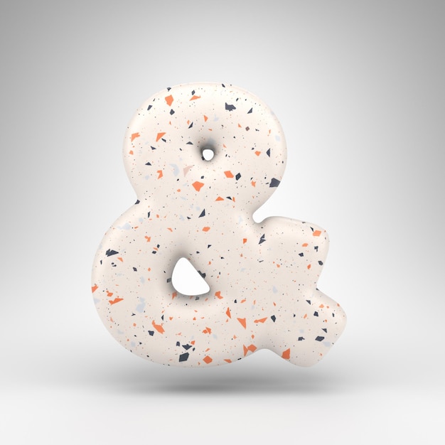 Ampersand symbol on white background. 3D rendered sign with terrazzo pattern texture.