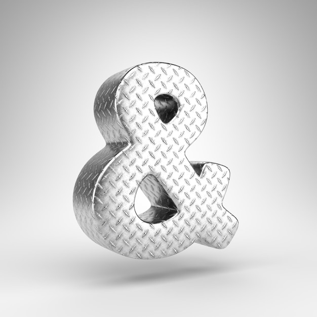 Ampersand symbol on white background. Aluminium 3D rendered sign with checkered plate texture.