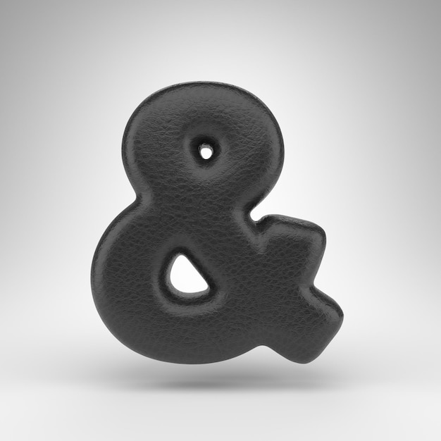 Ampersand symbol on white background. Black leather 3D rendered sign with skin texture.