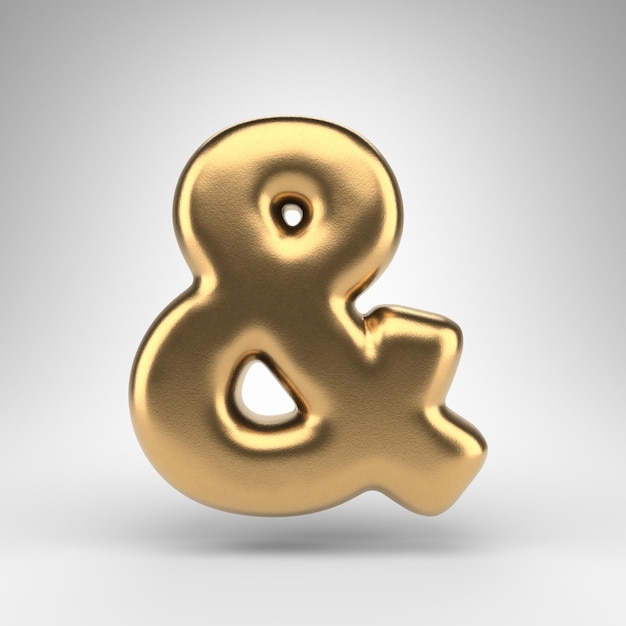 Символ амперсанда на белом фоне. Золотой 3D визуализированный знак с металлической текстурой блеска.