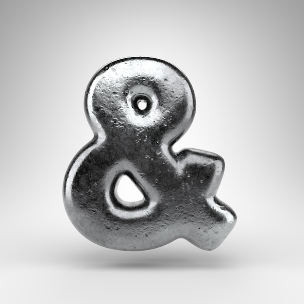 Ampersand symbol on white background. Iron 3D rendered sign with gloss metal texture.