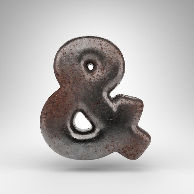 Ampersand symbol on white background. Rusty metal 3D rendered sign with oxidized texture.