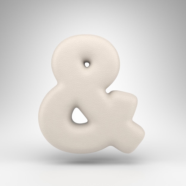 Ampersand symbol on white background. White leather 3D rendeWhite sign with skin texture.