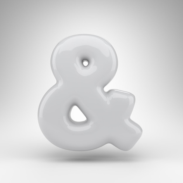 Ampersand symbol on white background. White plastic 3D rendered sign with glossy surface.