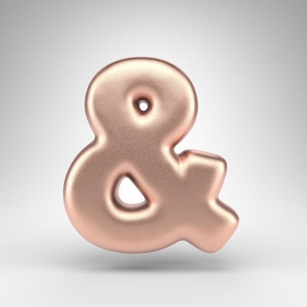 Ampersand symbool op witte achtergrond. Mat koperen 3D-gerenderde bord met glanzende metalen textuur.