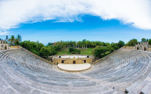 Amphitheater in ancient village Altos de Chavon - Colonial town reconstructed in Casa de Campo, La Romana, Dominican Republic. tropical seaside resort.