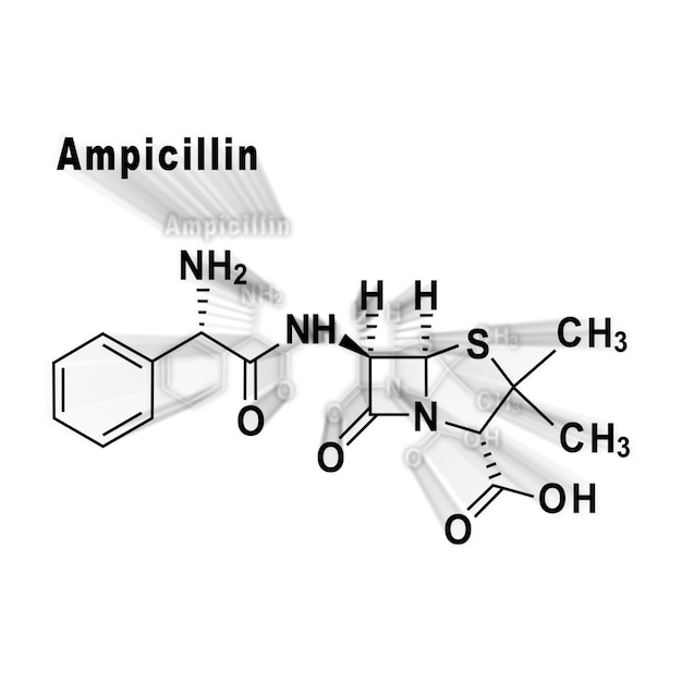 Фото Ампициллин, антибиотик, структурная химическая формула на белом фоне