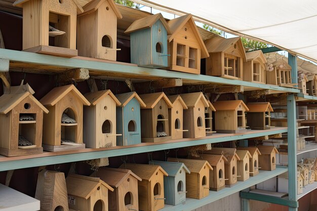 お腹を空かせた鳥のために用意された巣箱と餌箱の品揃えが豊富