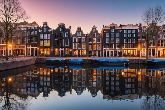Amsterdam Canal houses at sunset reflections Netherlands panorama