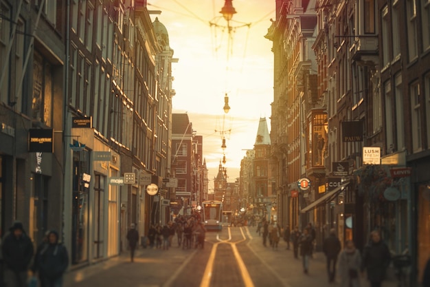 Foto amsterdam nederland januari 2020 een straat met rails in het midden vol mensen bij een zonsondergang