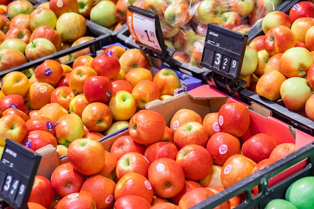 Amsterdam, Netherlands - October 15, 2019: Verious kind of apples in a market