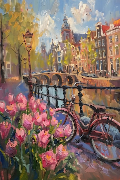 Amsterdam watercolor poster travel print with building facades tulips and bicycle