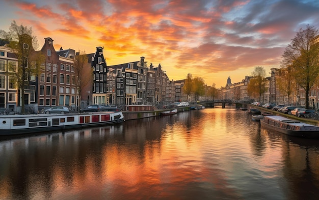 Amsterdam zonsondergang skyline van de stad aan de waterkant van het kanaal Amsterdam Nederland Generatieve AI