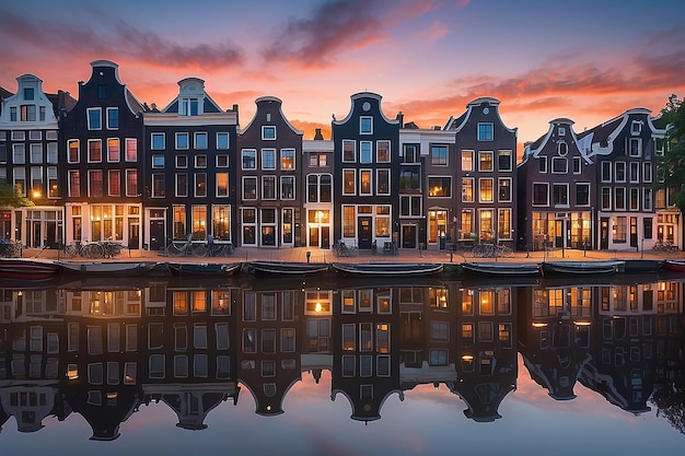 Amsterdamse kanaalhuizen bij zonsondergang reflecties Nederland panorama