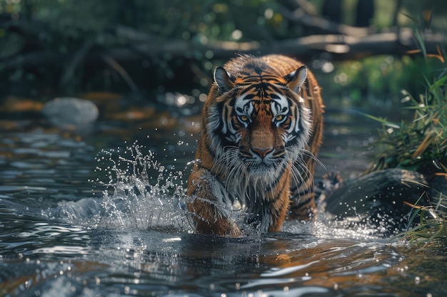 Amur tiger in russian taiga river habitat