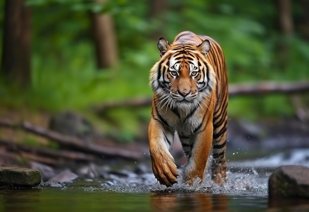 水の中を歩くアムールトラ 危険な動物 緑の森の小川の動物 生成 AI