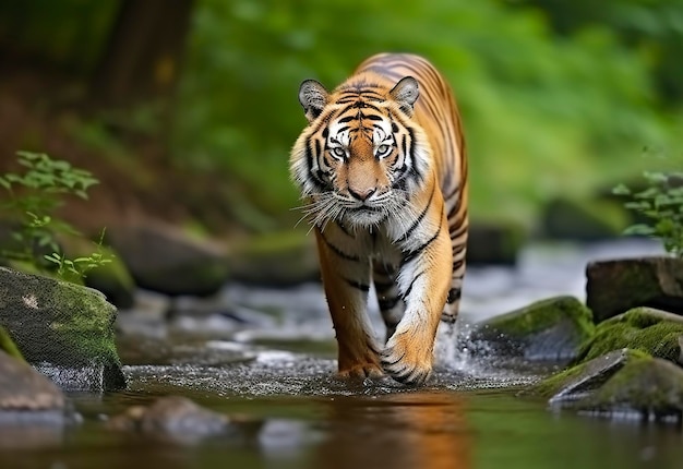 Amur tiger walking in the water Dangerous animal Animal in a green forest stream Generative AI