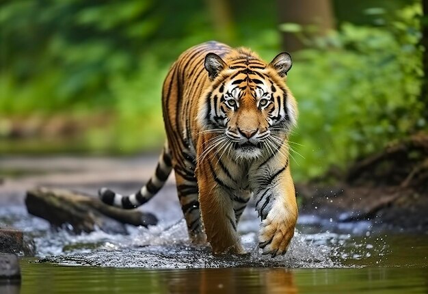 Amur tiger walking in the water dangerous animal animal in a green forest stream