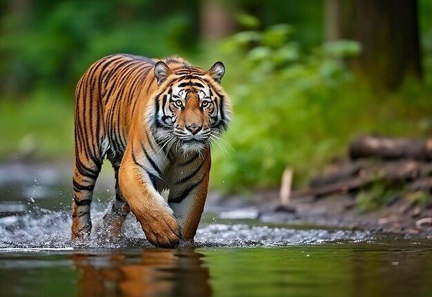 Foto amur-tijger loopt in het water gevaarlijk dier dier in een groene bosstroom