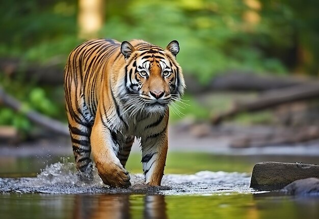 Amur-tijger loopt in het water Gevaarlijk dier Dier in een groene bosstroom