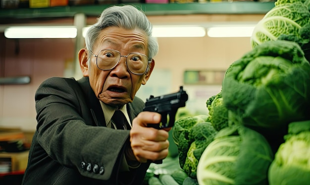 Amused Asian elder brandishing a gun over stolen cabbage whimsically odd AI Generative