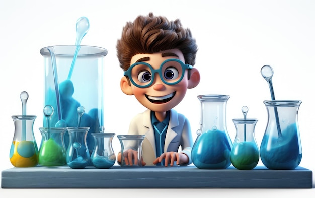 Photo amused smiling chemist cartoon boy in lab 3d cartoon isolated on white background