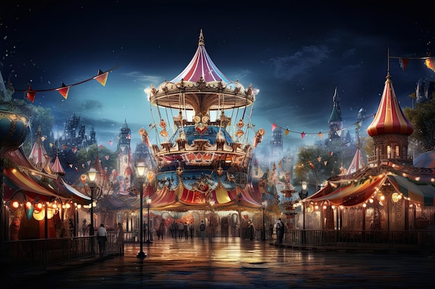 Amusement park with carousel and fairground in the evening AI Generated