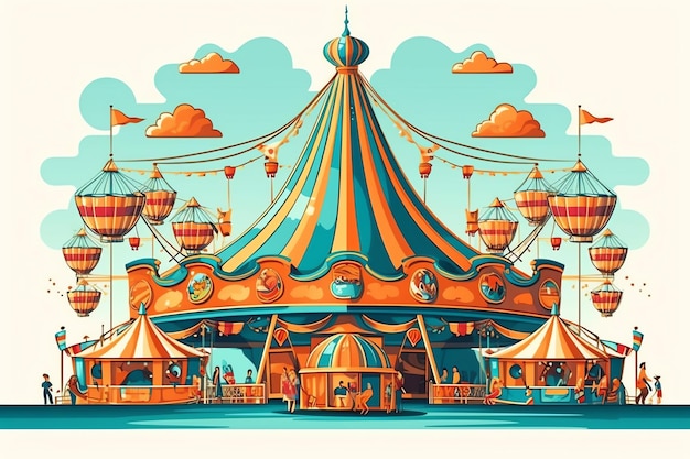 Amusement park with circus tent and carousel in funfair ride Traveling carnival in cartoon style