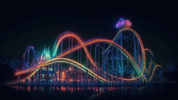 Amusement park with roller coaster at night with bright colorful neon lights