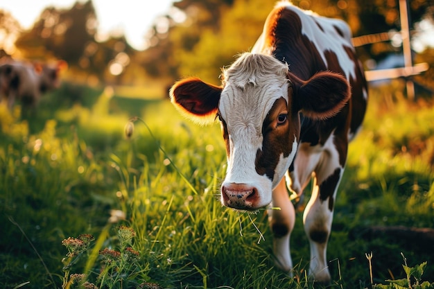 Amusing cow on green meadow with blurred background