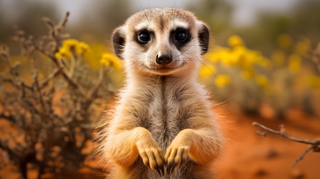 Amusing meerkat with a curious stance tiny hands clasped