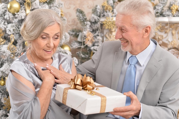 Amusing old couple with Christmas present near tree