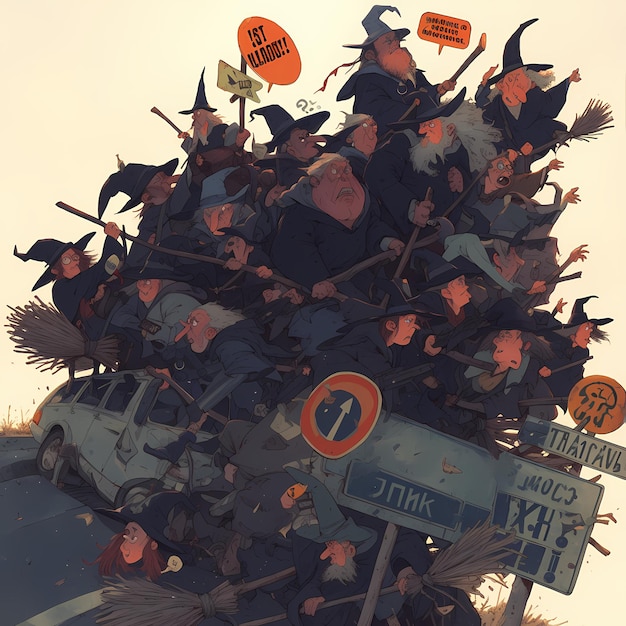 Amusing Witch Gathering on a Road