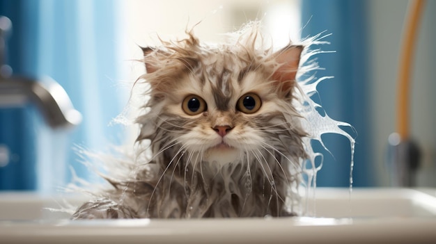 목욕탕 에 있는 재미있지 않은 고양이