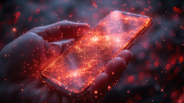 사진 손에 들고 있는 스마트폰의 별과 행성 모양의 추상적인 이미지 스마트폰의 현대적인 와이어프레임 개념